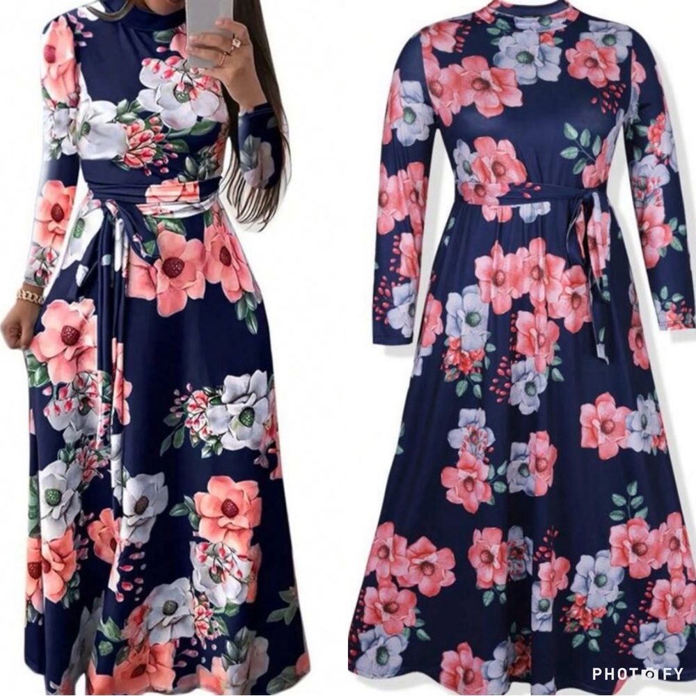 Boho Plus Size Cottagecore Floral Print Belt Maxi Dress